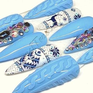 Blue and White Winter Nail Set with Rhinestones Long Stiletto